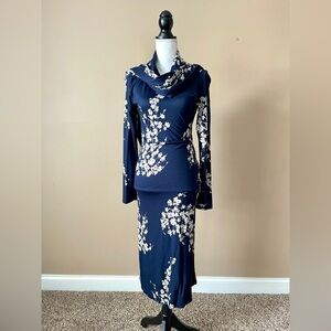 IZAAK | Navy Blue Floral Print Draped Long Sleeve Maxi Dress Sz S